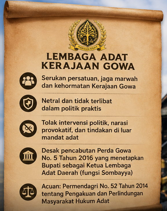 Lembaga Adat Kerajaan Gowa Angkat Suara, Serukan Netralitas dan Minta Perda Adat Ditinjau Ulang